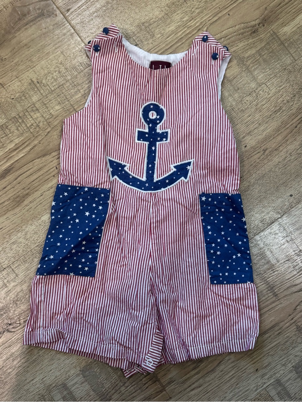 Toddler Red Stripe Anchor One-Piece with Navy Star Pockets